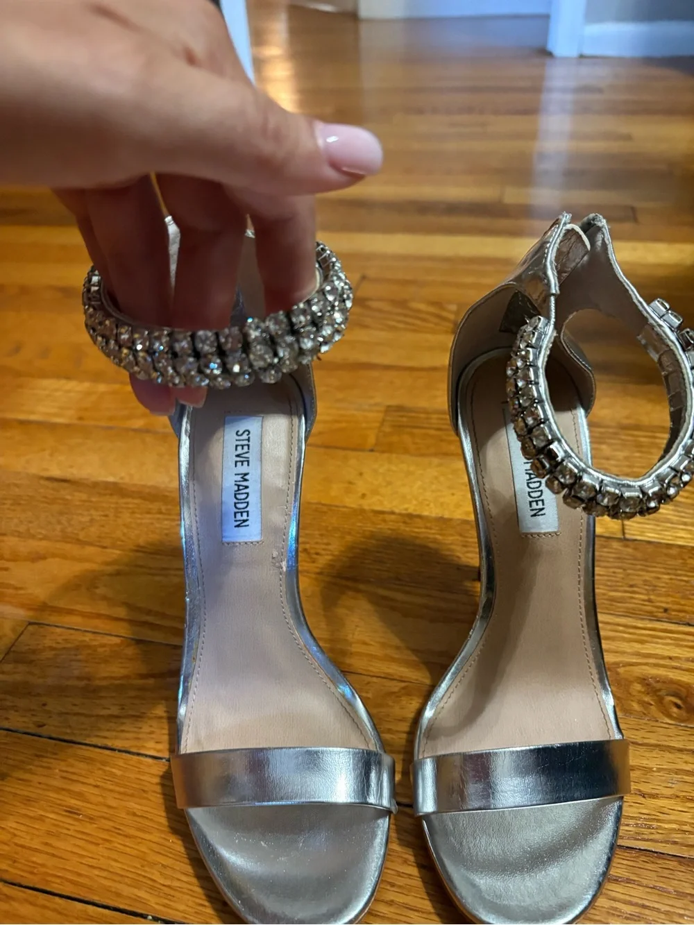 Steve Madden Silver Crystal-Ankle Strap Stiletto Heels